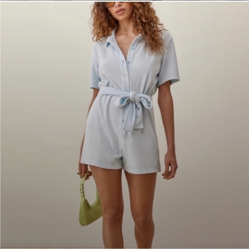 Reformation Rimini Romper in Light Blue Terry Cloth